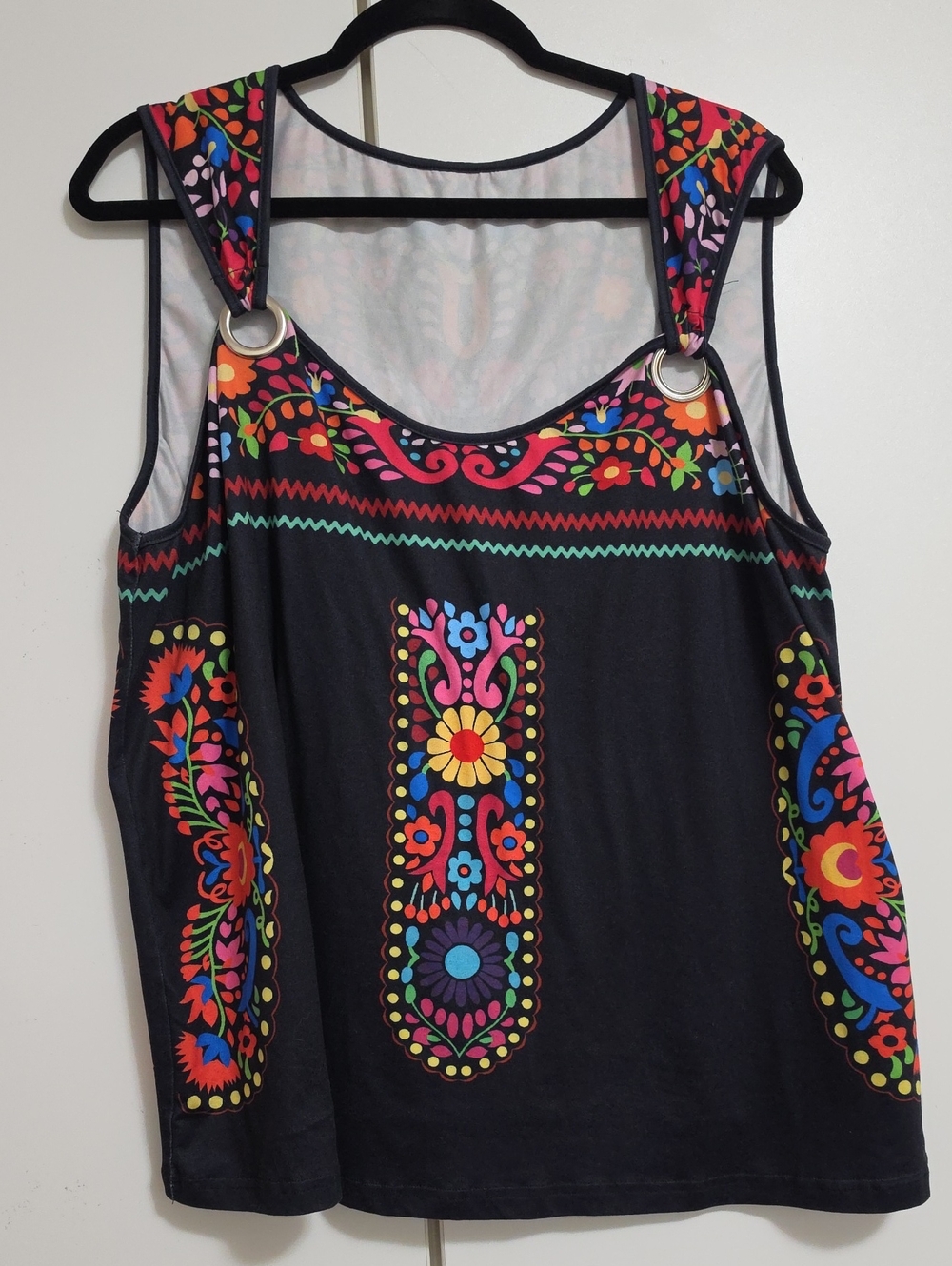 SHEIN Black Tank Top with Bright Floral Folk Print